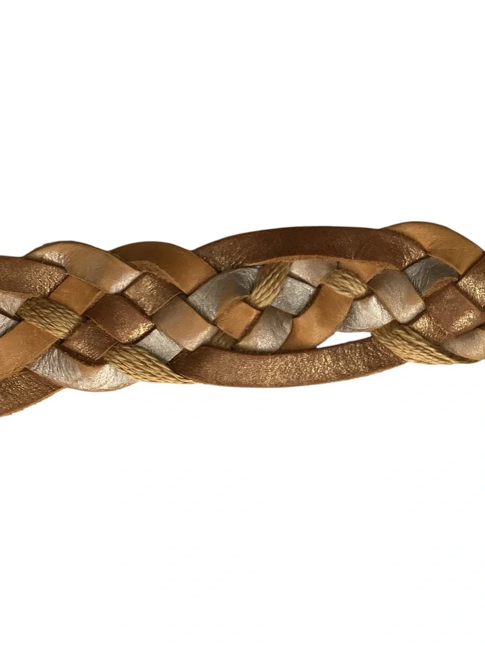 Hollister Genuine Leather Braided Belt Tan Metallic Woven Boho Size M/L
